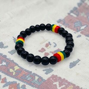 Black Onyx and Rasta Bead Stretch Bracelet Unisex Ethiopian Unity